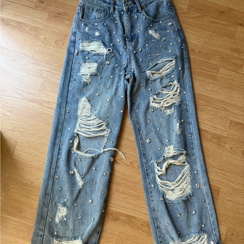 Distressed Rhinestone Studded Jeans – Size S